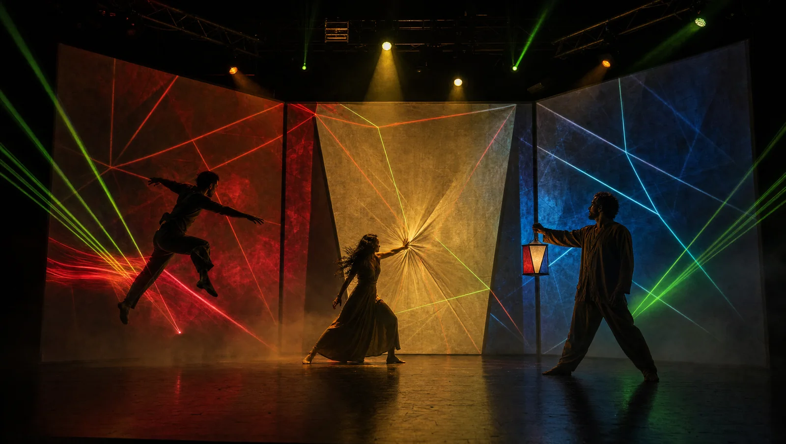 La Alborada: bailarines actuando con el farol proyectado en la sala, entre luces y láseres